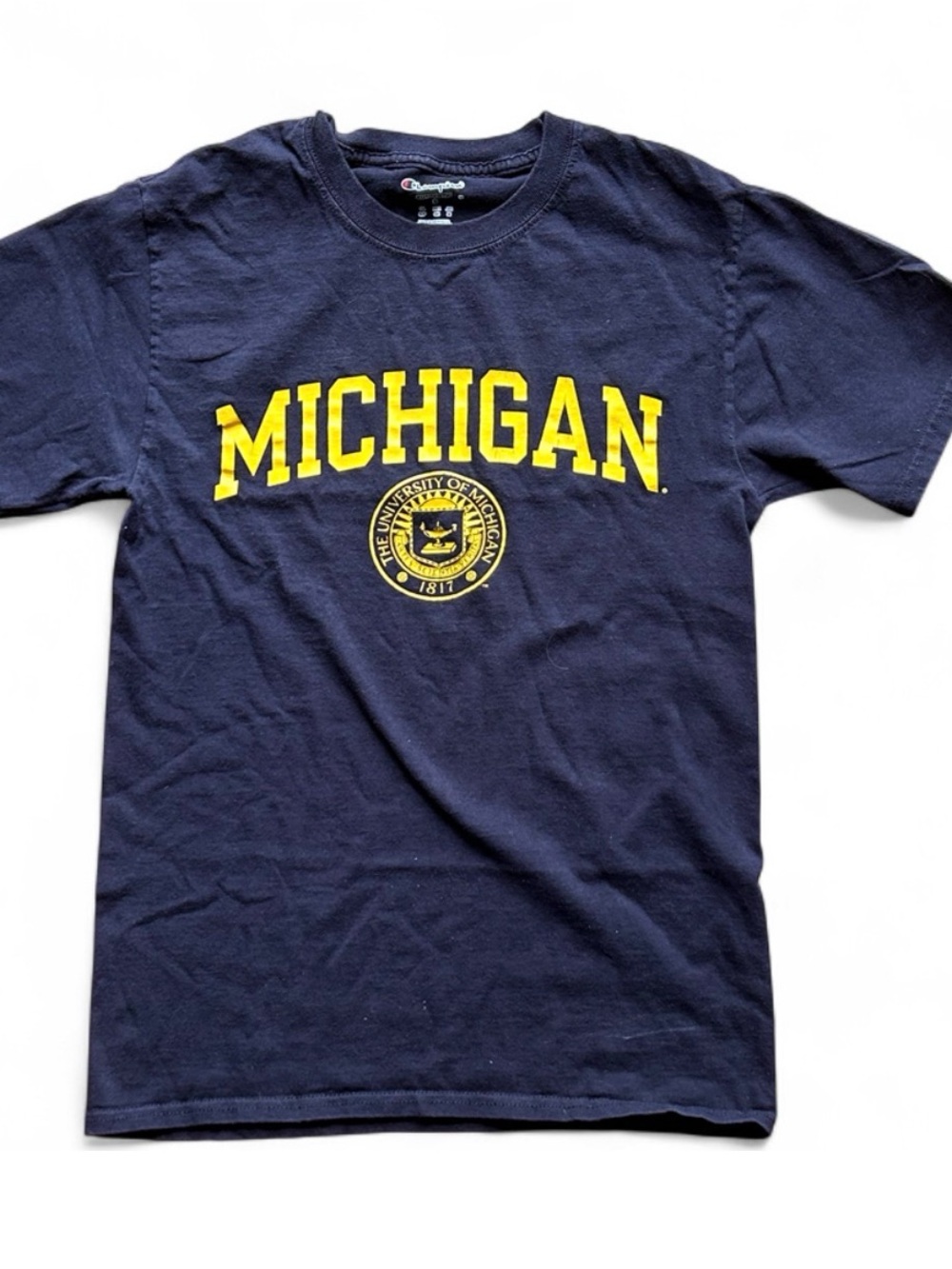 Champion Women’s Michigan Wolverine Navy Blue Michigan Graphic Tee with Yellow